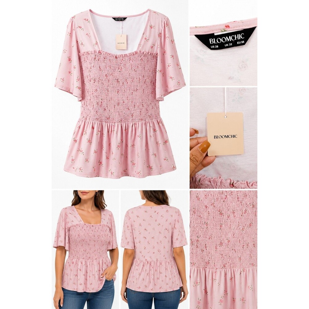 BloomChic Women’s Plus Size 28 Pink Floral Smocked Babydoll Top Flutter...